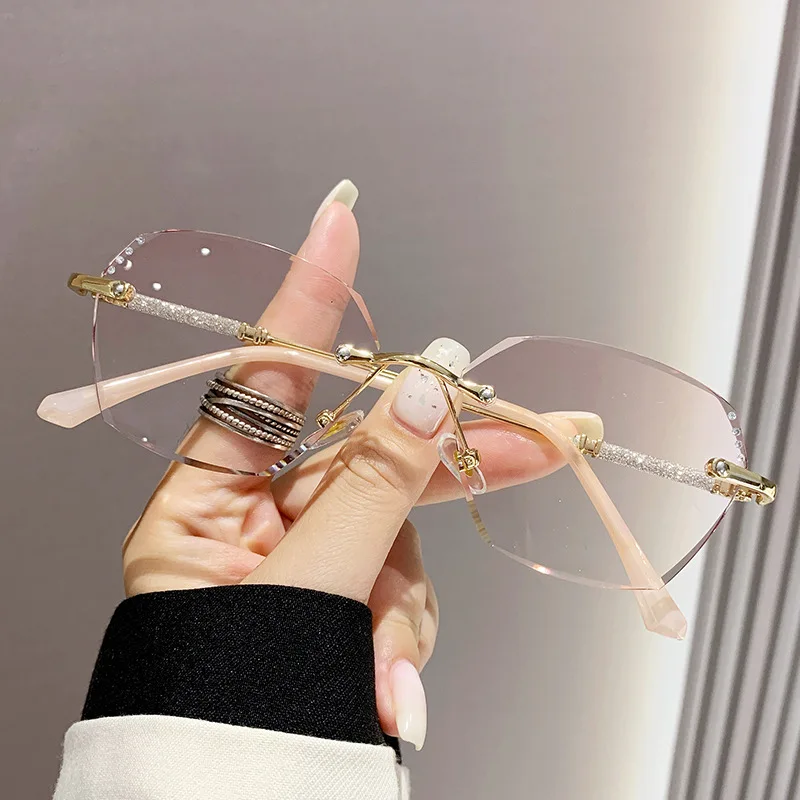 

Reading Glasses Gradual Pink Presbyopic Glasses Diamond Rimless women's grade glasses 0 to +4.0 Fashion Anti-blue EyeGlasses