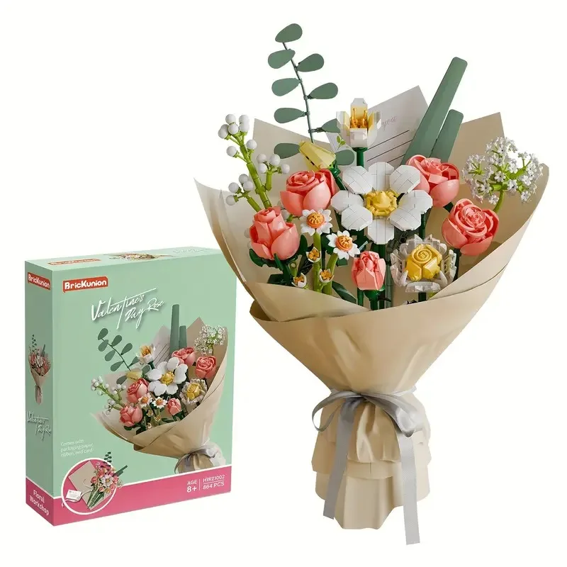 

864pcs Beautiful Bouquet Building Blocks, Vibrant Everlasting Flower, DIY Assembly Small Particle Brick, Valentine'S Day Gift