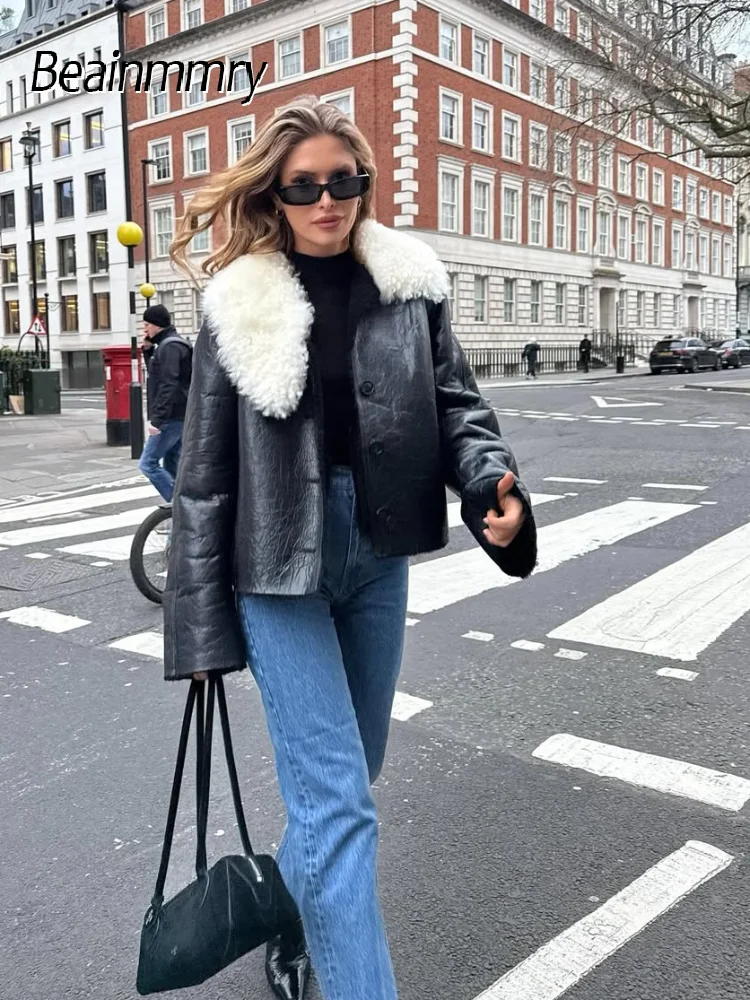 

Chic Spliced Wool Collar Coats Women's Loose Single Breasted Lapel Jackets 2025 Autumn Street Wear Daily Commute Lady Outerwears