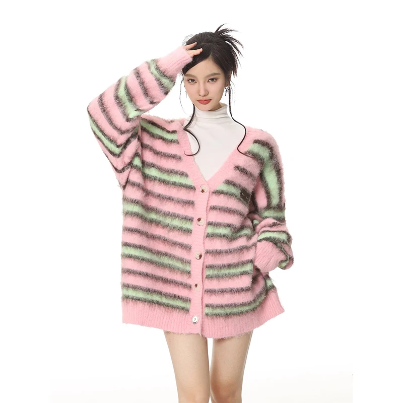 

Women Loose Striped Sweaters Korea Loose V-neck Long Sleeve Knitting Cardigan Coat Fashion Casual Tops Mujer 2023