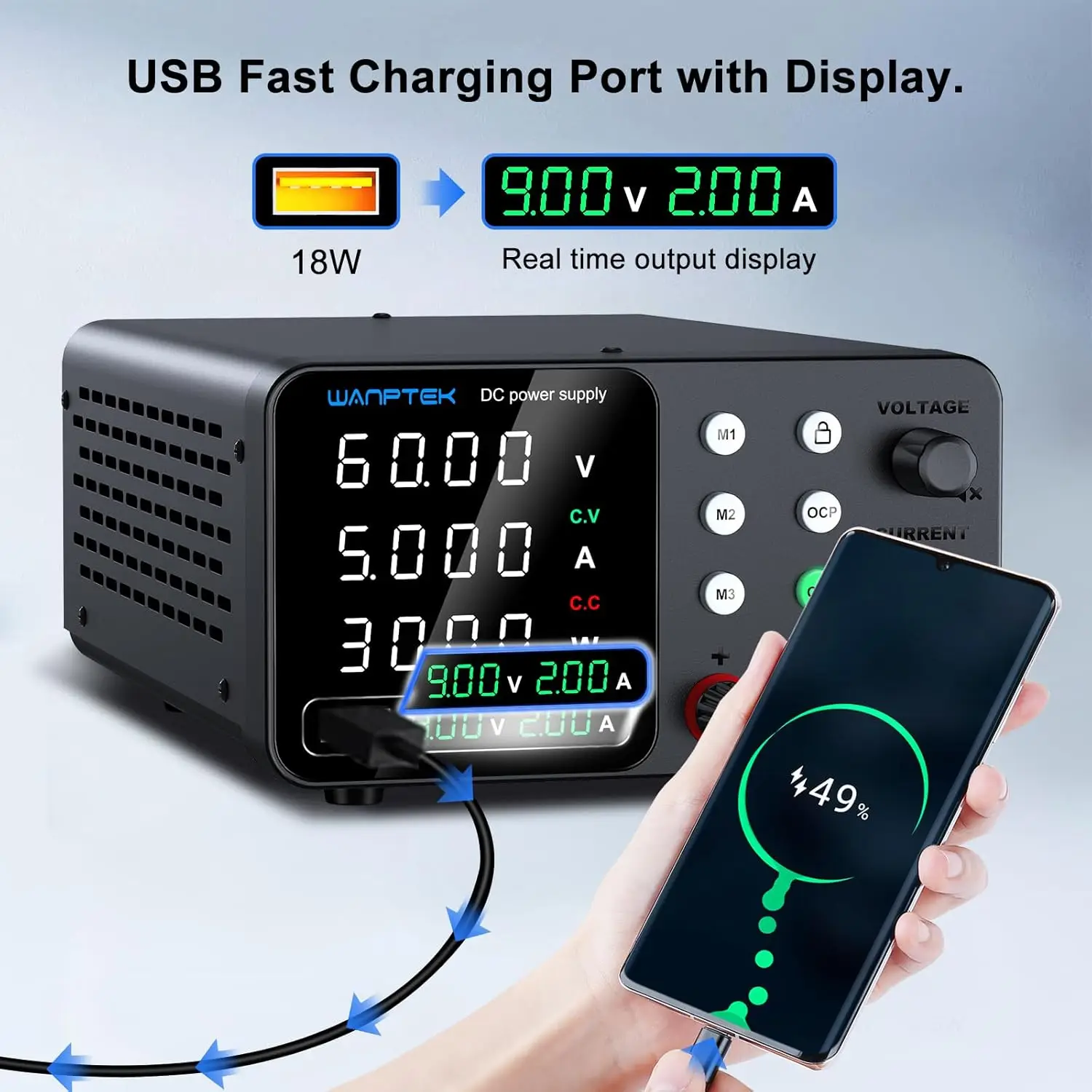 Alimentatore CC regolabile da 60 V 5 A con memoria, OCP, ricarica USB e display a 4 cifre