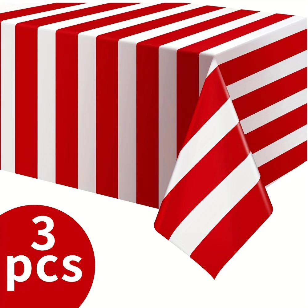 3pcs Carnival Tablecloth Set, Red and White Striped Plastic Tablecloths - Suitable for Circus Theme Parties, Carnivals, Movie Nights, Birthdays, Christmas Decorations, 53.94x70.87inch