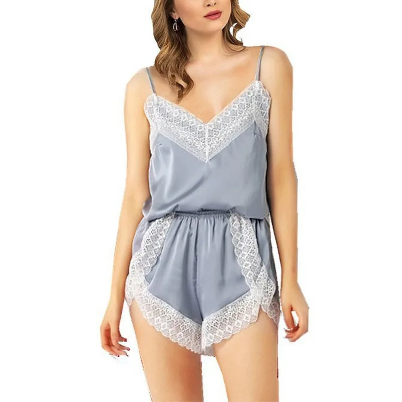 Women\'s Artificial Silk Satin Pajamas Set Spaghetti Strappy Top and Shorts Set Lace Sleeveless Pajamas Set Loungewear Set