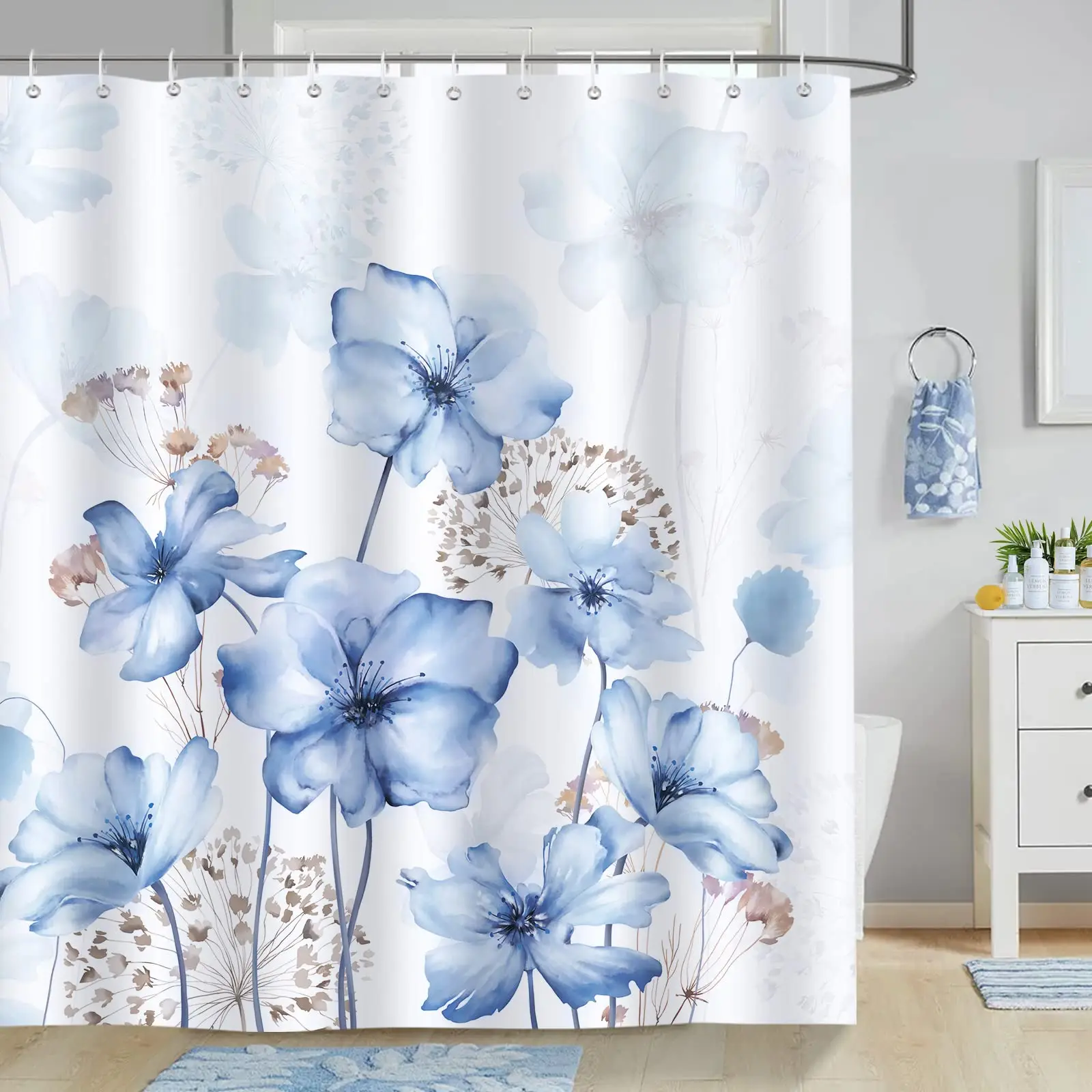 Blue Floral Shower Curtain Watercolor Flower Bath Curtain Polyester Fabric Waterproof Bathroom Curtains with Hooks Bath Screen