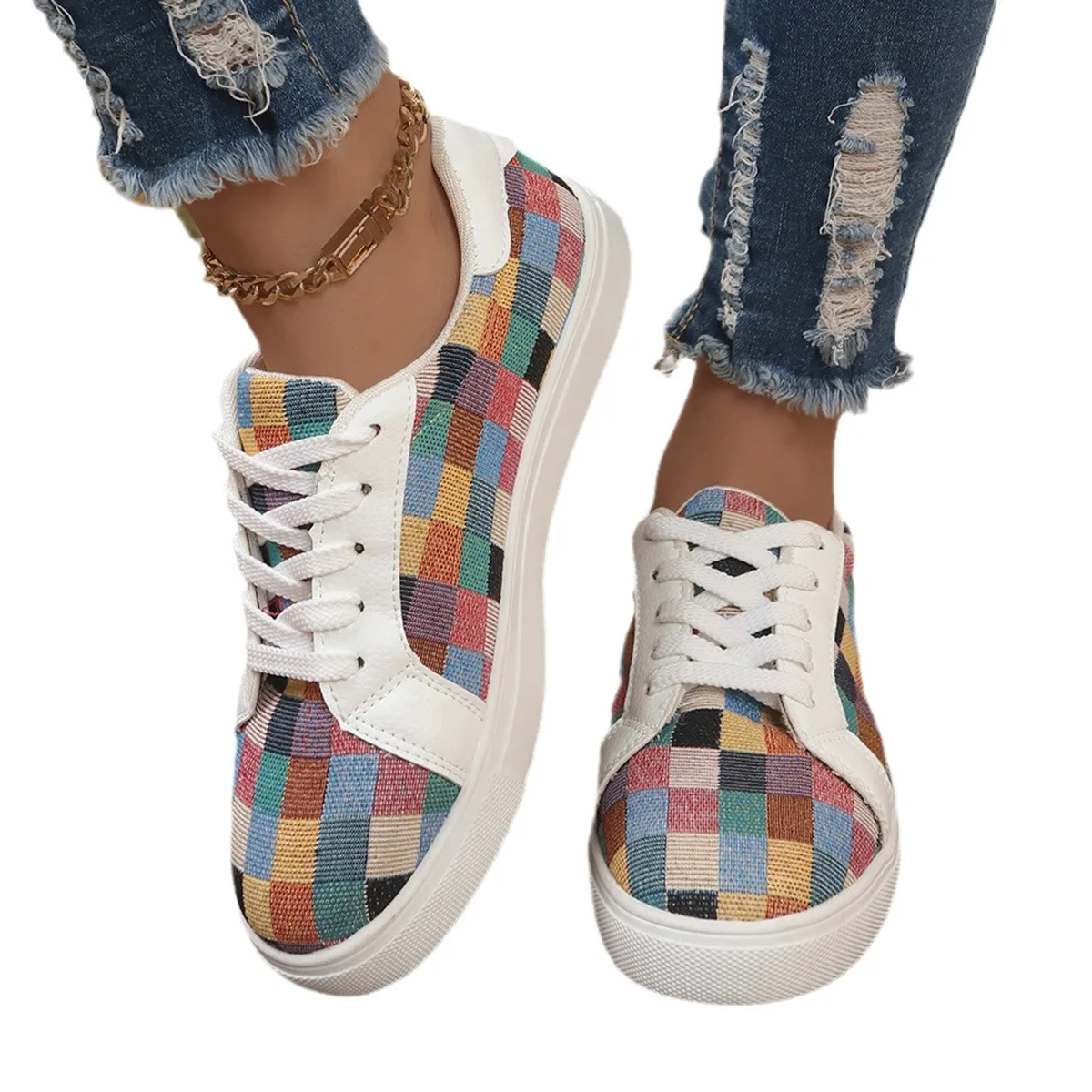 Sneakers Women\'s Canvas Plaid Mixed Colors Casual Shoes Flat Couple Casual Sneakers Low-cut Men and Woman Shoes Tennis Female