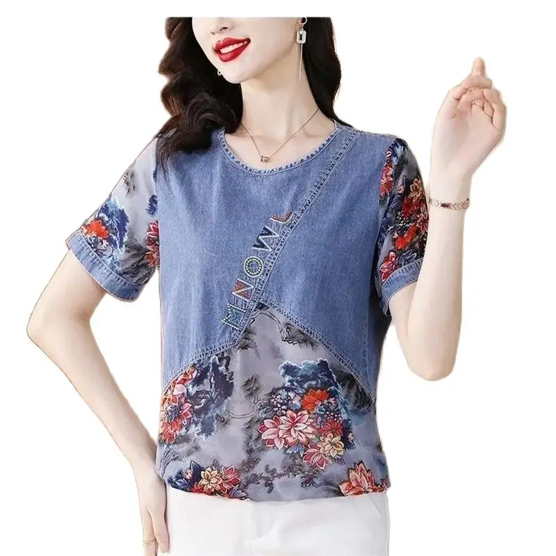 Ladies High-End Round Neck 2023 New Summer Ladies Jacket Denim Stitching Printed Shirt Chiffon Loose Cover Belly T-Shirt