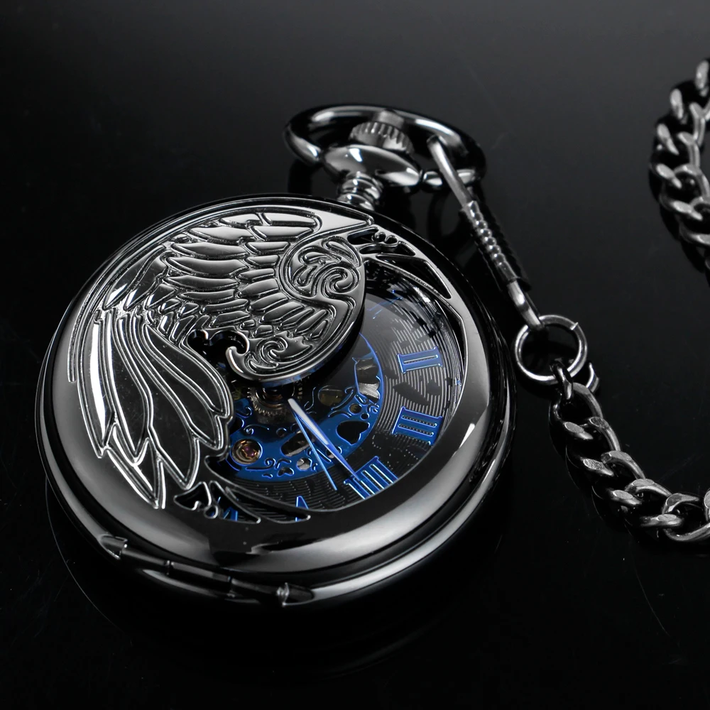 Black Phoenix Graphic Relief Roman Digital Mechanical Pocket Watch Necklace Pendant Clock Fob Chain Men's Women's Pjx1030