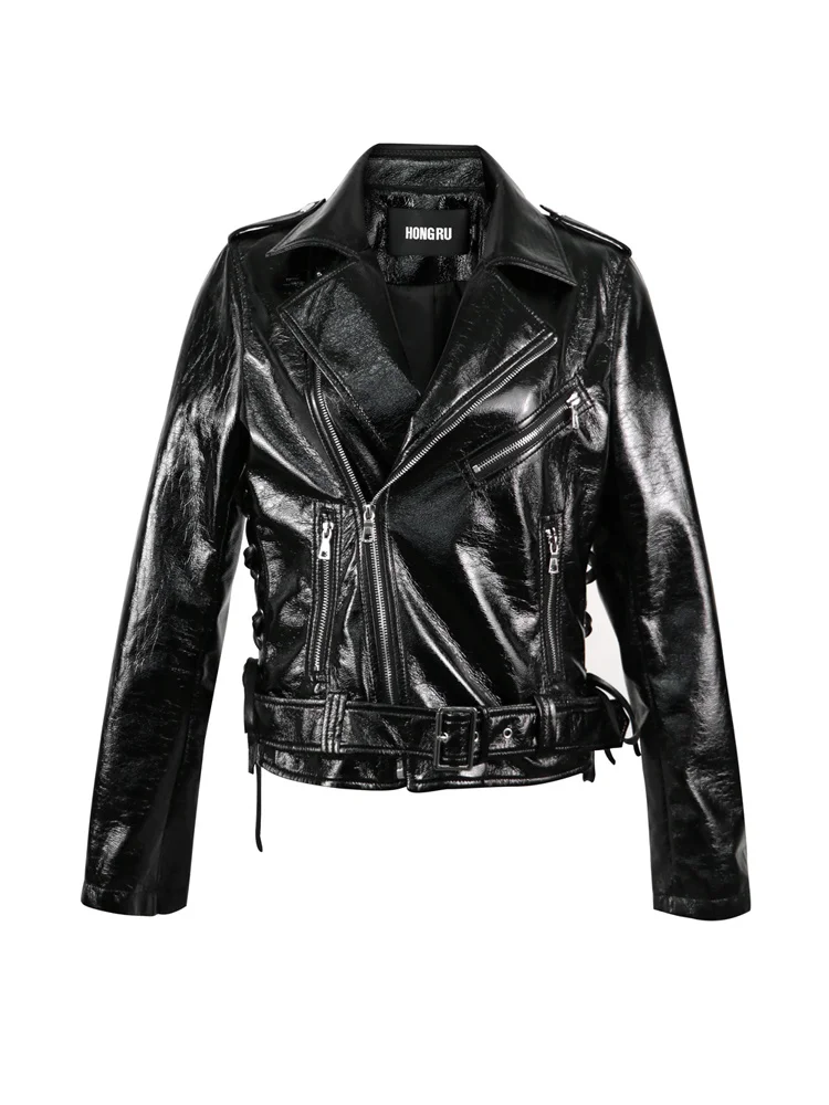 Weibliche Motorrad shiny leder jacke frühjahr neue glossy patent leder jacke hübschen langen ärmeln PU leder mantel F1105