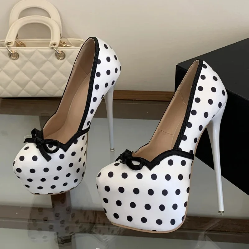 Aneikeh Polka Dot Platform Pumps Bow Decor V Trim Peep Round Toe Super Thin Stiletto Elegant Party Office Dress Zapatos Mujer