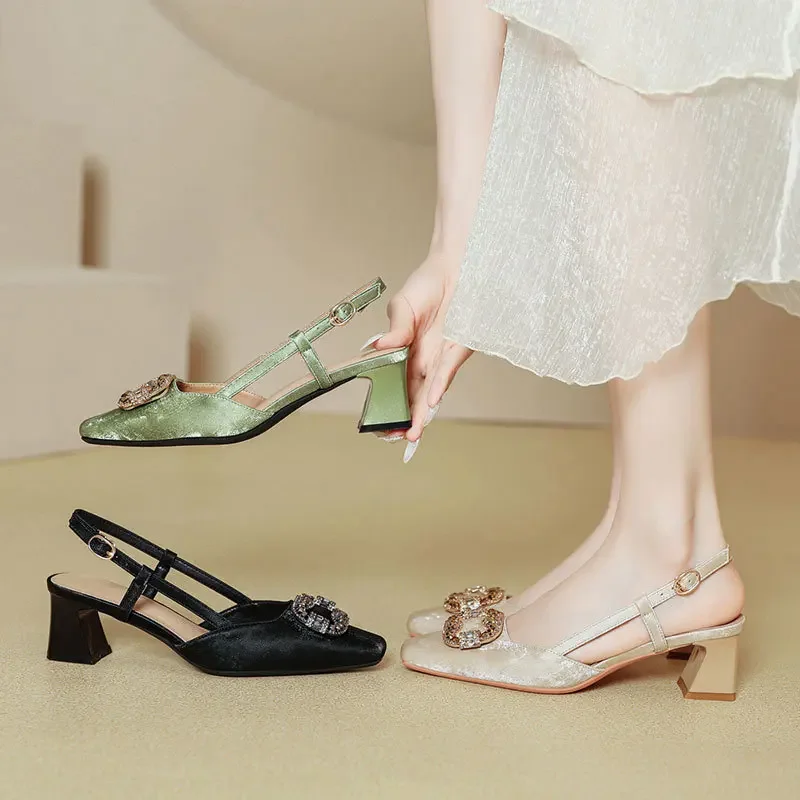 

2025 Sandals Female Shoe Square Toe Buckle Block Heels New Girls Comfort Summer Retro Open Low Closed Chunky Beige Fashion Clear