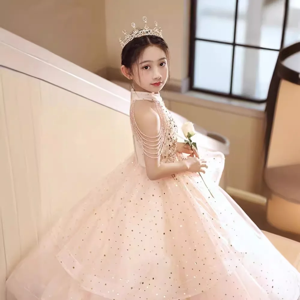 Children's Dresse Luxury Perspectively sexy sequins Beading flower halter Sleeveless Long wedding Ball Birthday party Girl Dress