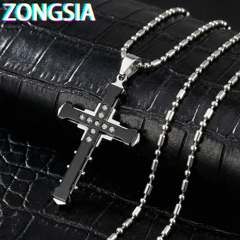 Men's Iced Out Cross Necklace Black Enamel Stainless Steel Hip Hop Pendant with CZ Diamonds Streetwear Jewelry Gift Friends