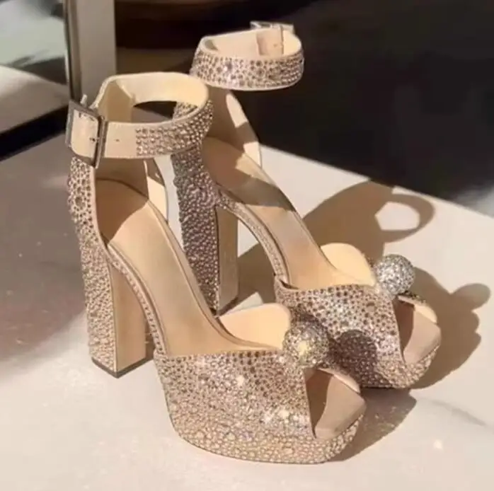 

Apricot Black Bling Crystal Platform Chunky Heels Sandals Ankle Strap Rhinestone Ball Fashion Party Women Sandalias