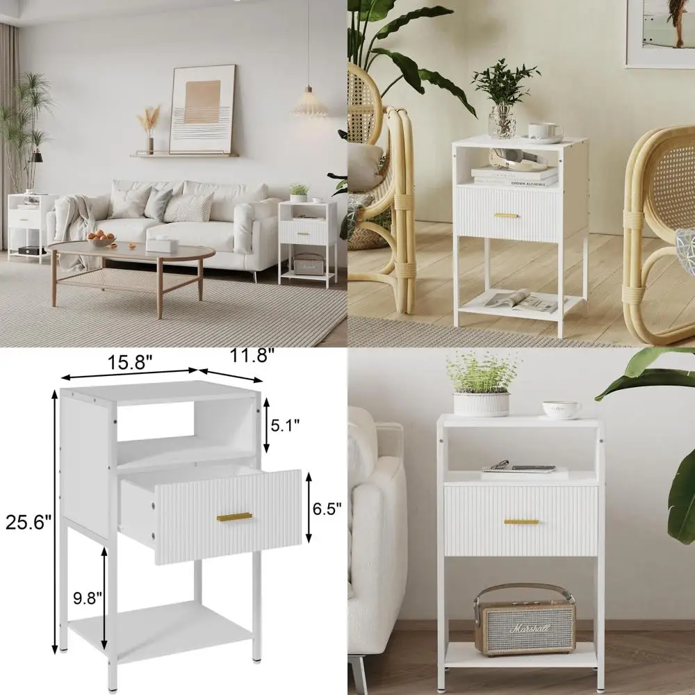 

Современная белая прикроватная тумбочка с выдвижным ящиком и 3-уровневой полкой для хранения вещей в гостиной и спальне