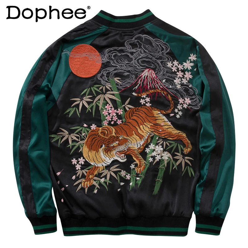 

2024 Men's Double-sided Tiger Embroidered Jackets Men's Women's Baseball Clothes Yokosuka Satin Personality Long Sleeve Jacket