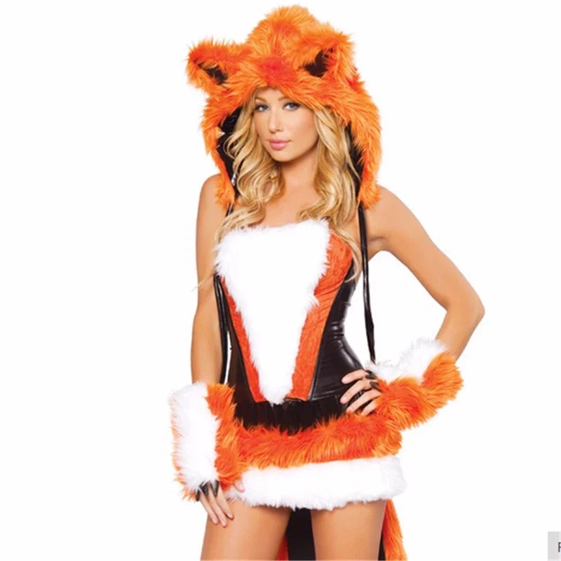 Disfraz de Animal de peluche para adultos, traje de zorro peludo naranja Sexy, uniformes de Cosplay, fiesta de Carnaval de Navidad, vestido de lujo, traje completo