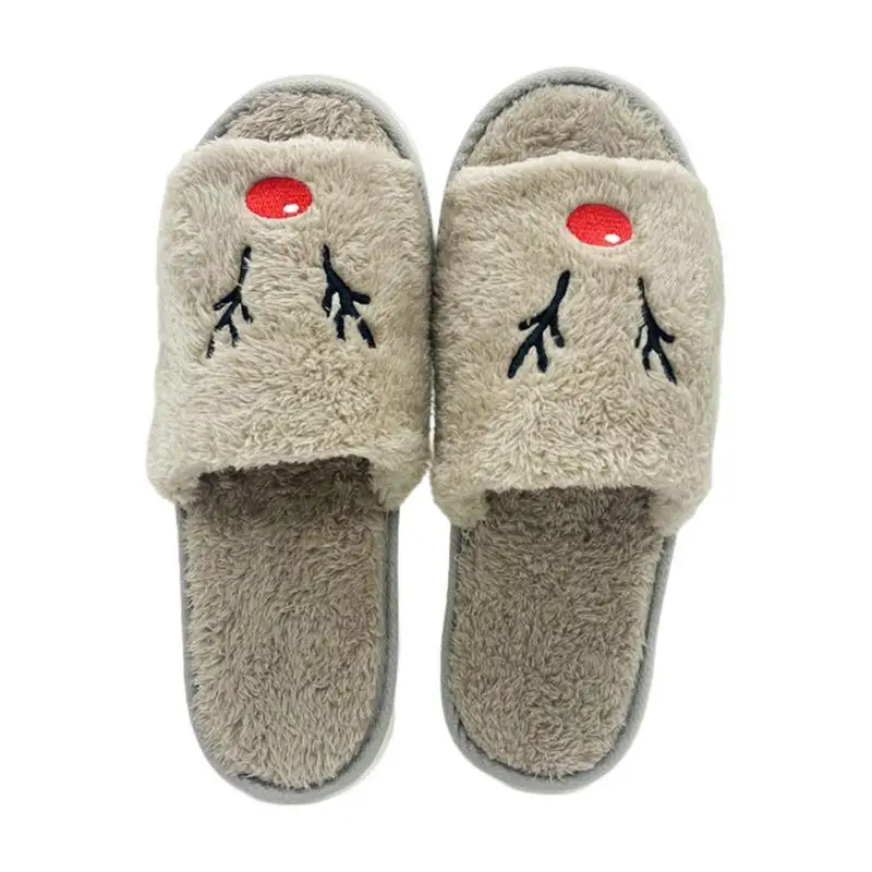 Women Cute Reindeer Slippers Winter Warm Indoor House Shoes Cartoon Christmas Flip-Flop Fuzzy Cozy Home Slipper