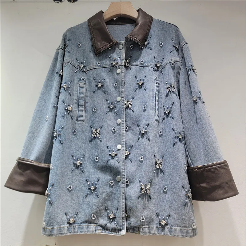 

2026 Spring New Heavy Beaded Rhinestone Denim Jacket for Women, Loose Slimming Ins Style Turn-down Collar Long Sleeve Overcoat