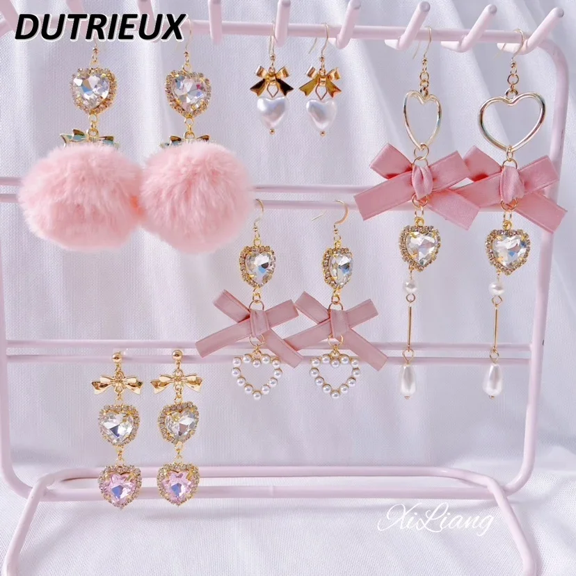 Handmade Dangle Earring Women Japanese Style Ear Clip Girl Bow Heart Shape Rhinestone Mine Mass-Produced Lolita Girls Ear Studs