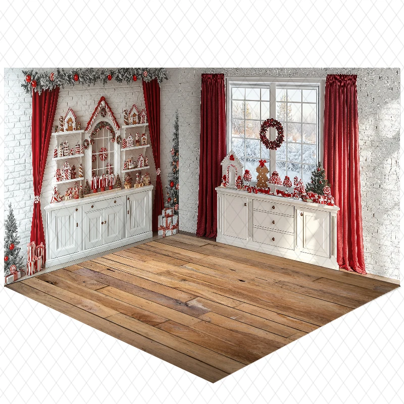 LS Kitchen Christmas Photography Backdrop White Cabinet Cookie Jar Gingerbread House Newborn Cake Smash Photo Background