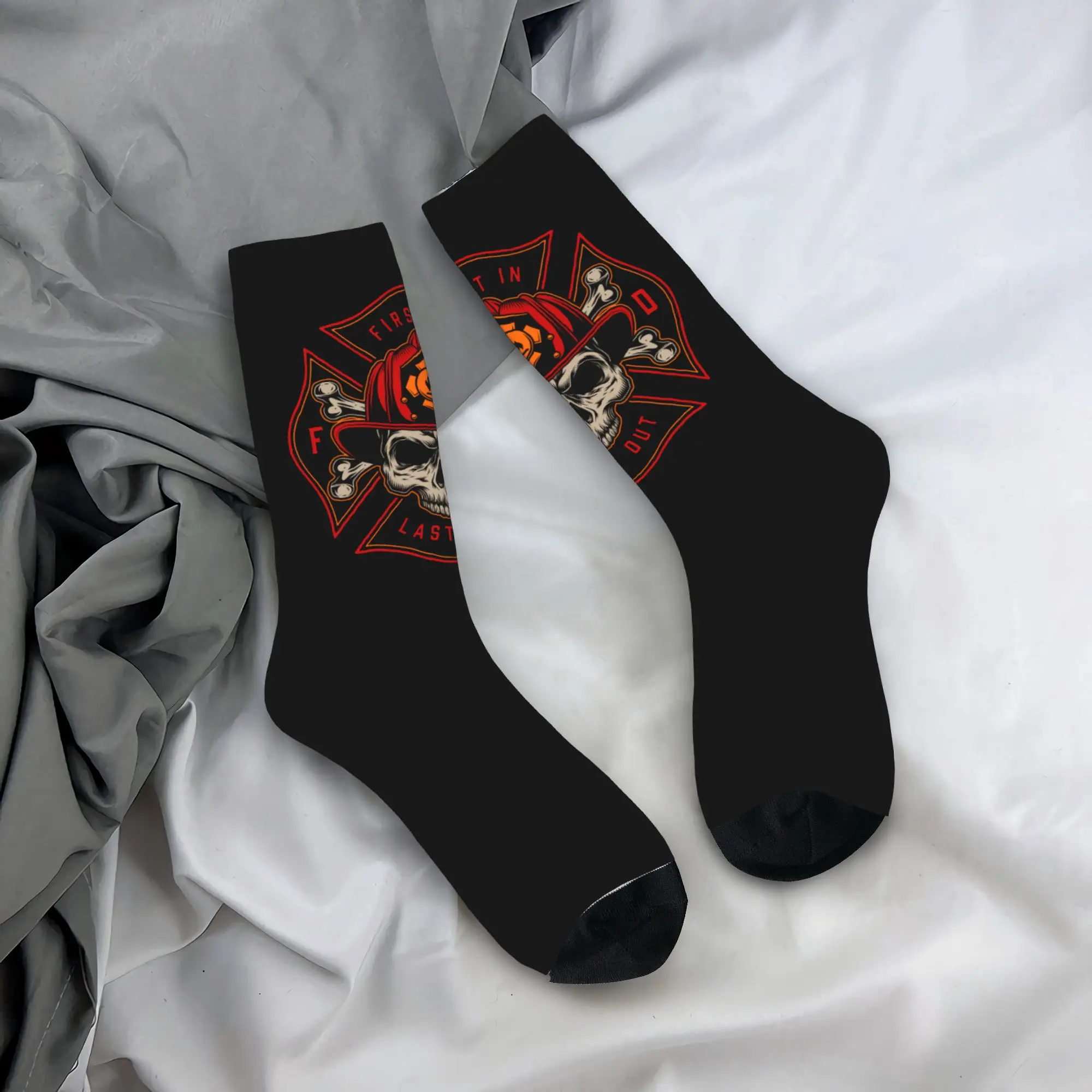 

Custom Vintage Firefighter Skull Men's Crew Socks Unisex Kawaii 3D Printed Fire Rescue Fireman Dress Socks