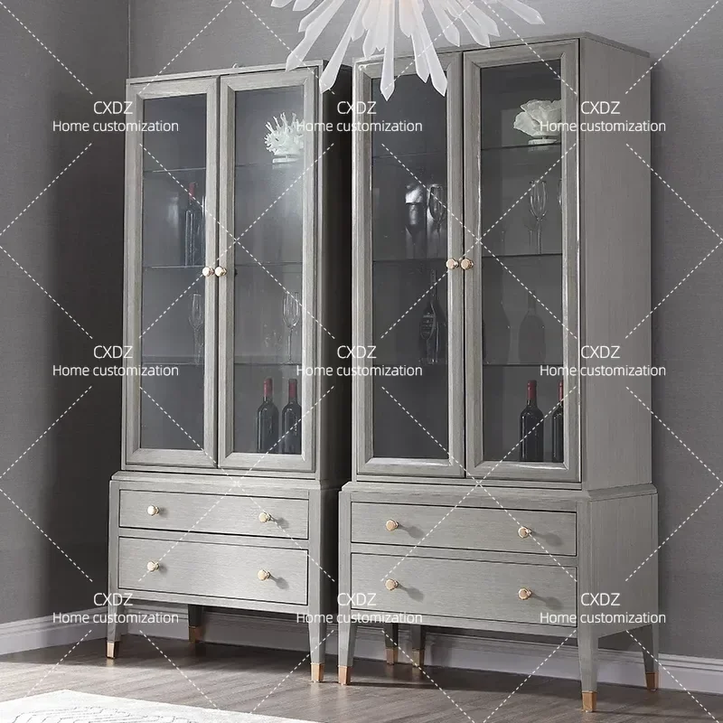 American Light Luxury Solid Wood Bookcase Simple Entry Living Room Multi Layer Storage High Grade Gray Glass Display Cabinet