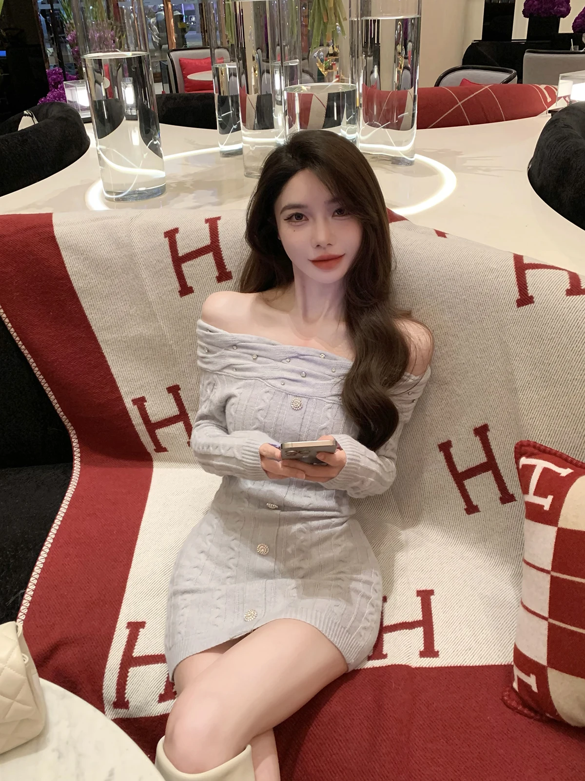 

Romantic Luxury JustQin 2026 Spring One-oulder Sexy Knitted Dr Women's ort Skirt Tight Fit Long Sve Ci Commute