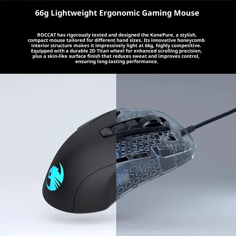 ماوس ألعاب ROCCAT KONE PURE خفيف الوزن إصدار فائق الصغر بتيار مستمر RGB ماوس ألعاب صغير الحجم ماكرو 66 ليوبارد PUBG Esports