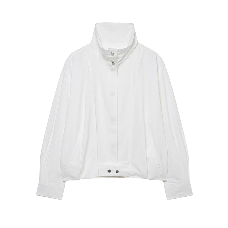 YENKYE ホワイトルーズフィットボンバージャケット女性のためのハイカラー長袖カジュアル春秋アウター女性ストリートウェア