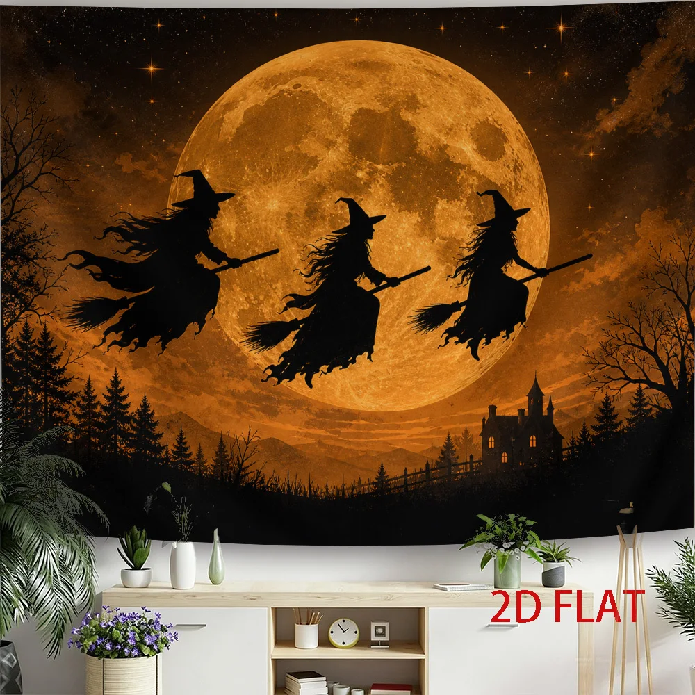 Halloween Witches Flying Broomstick Orange Moon Night 2D Flat Tapestry Backdrop For Party Decor Gothic Wall Hanging Art