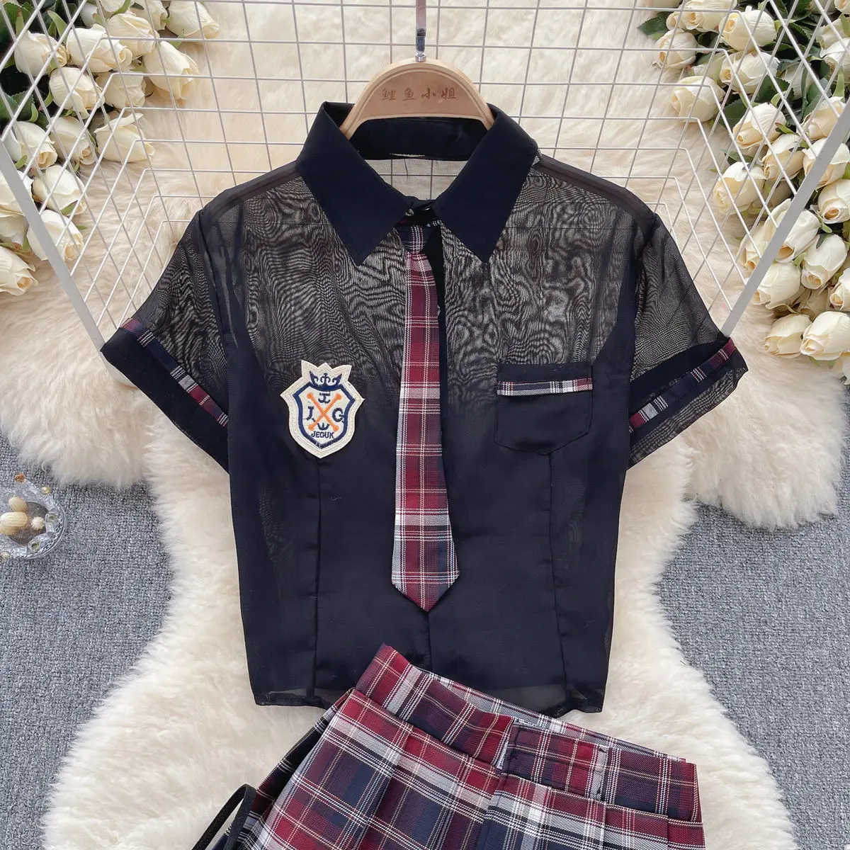 Preppy Style Spicy Girl Sexy JK Set Women Polo Neck Short Skirt Plaid Cosplay Student Pleated Suits See-through Crop Top Hot New