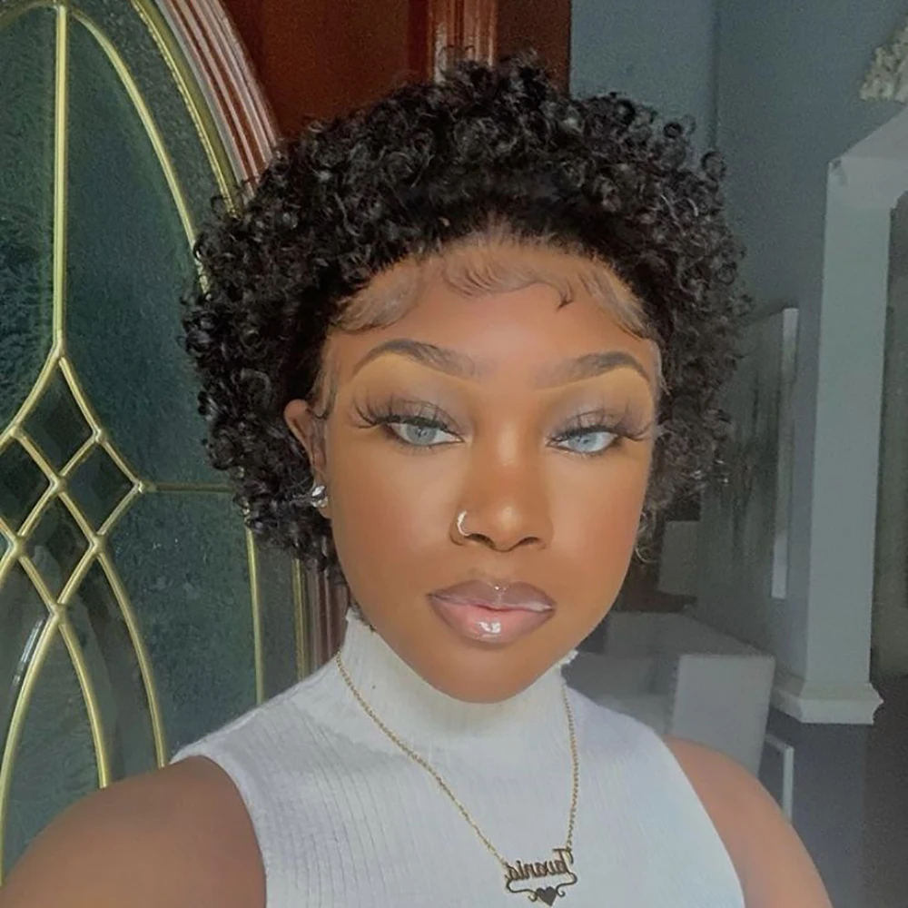 13X4 레이스 프론트 인모 픽시컷 가발 짧은 곱슬 웨이브 자연스러운 블랙 밥 브라질리언 레미 헤어 가발 (흑인 여성용)