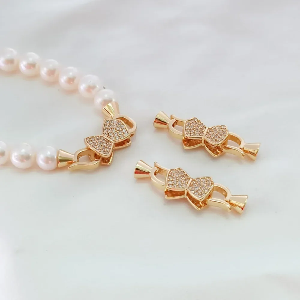 

14K Gold-plated Zircon Double-sided Bow Connection Buckle Pearl Bracelet Necklace Clasp Handmade DIY Accessory