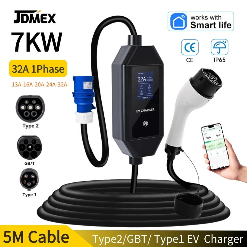 JDMEX7KWType2PortableEVCharger32A1PhaseType1GBTElectricCarChargerFastChargingCable5mCEEPlugWithAPPControl