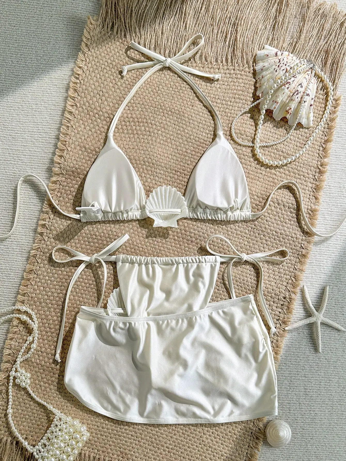 

3 Piece Solid Halter Seashell Decor Sexy Bikini Set With Mini Skirt For Summer Beach
