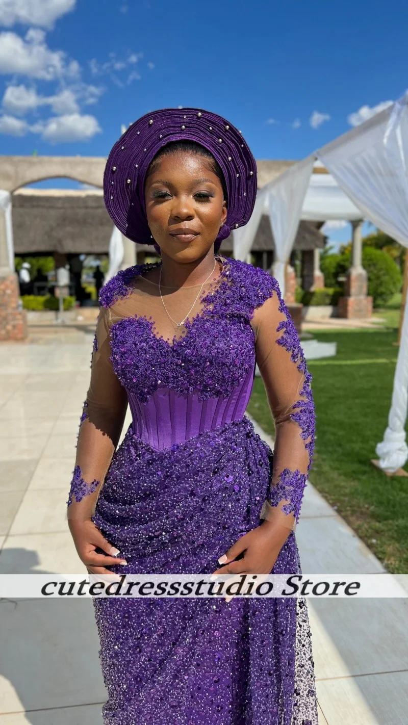 Robe de soirée de forme sirène, violet foncé, avec des appliques de perles, personnalisée, col transparent, longue, robe de soirée de mariage, robe de bal pour femmes