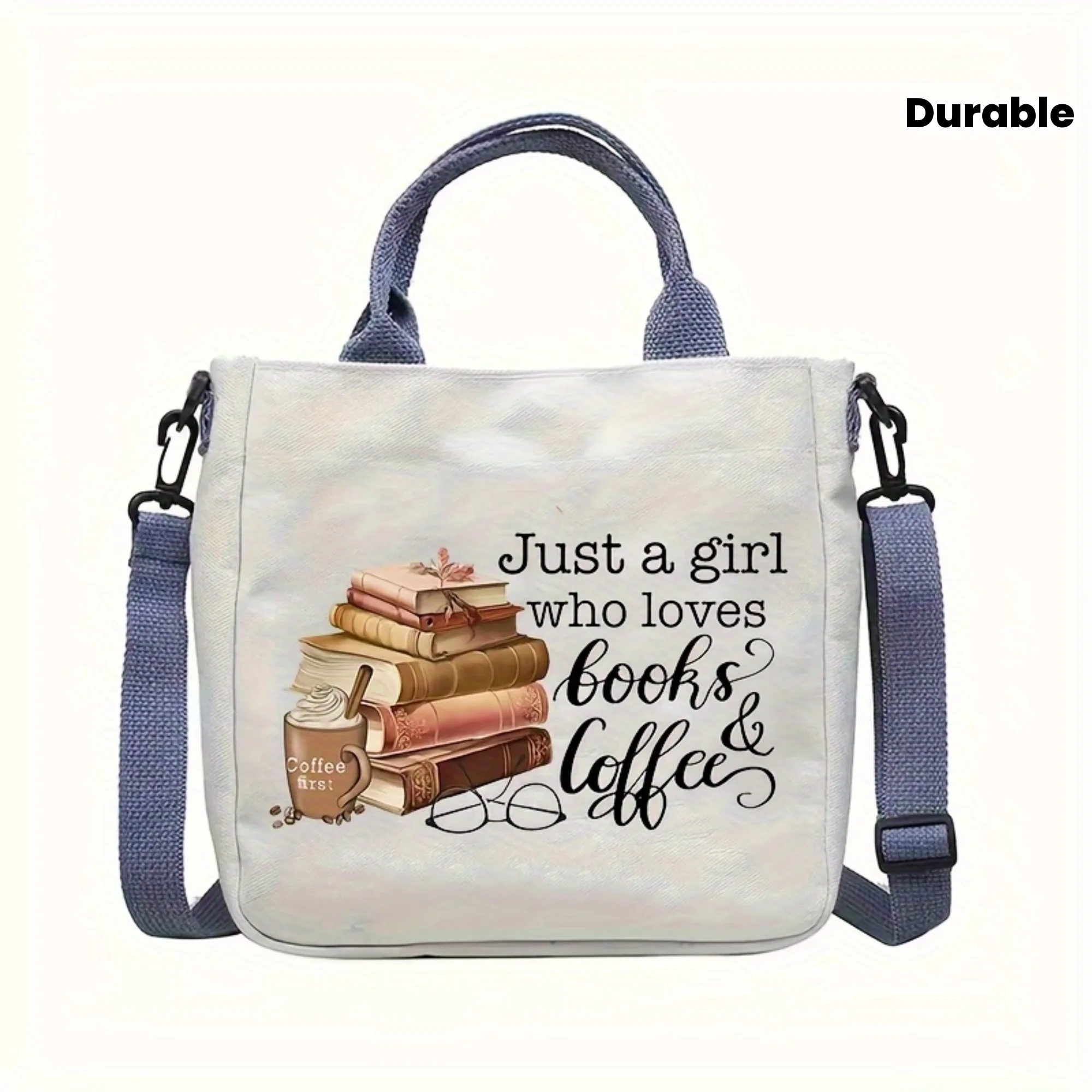 Books And Coffee Print Canvas Crossbody Tote Bag Adjustable Strap Casual Shoulder Handbag Gift for Book Reading Lovers