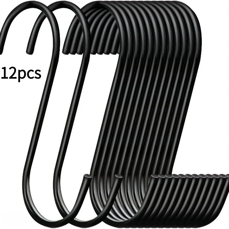 2026 New 12-Pack Black Metal S Hooks, Multi-Purpose Heavy-Duty S-Shaped Hanging Hooks, Suitable for Wardrobes, Kitchen Pots and Cookware Storage