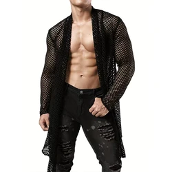 Men's Sexy Hollow Out Long Cardigan Grid Shirts Streetwear Fashion Perspective Long-sleeved Solid Color T Shirt Tops S-3XL