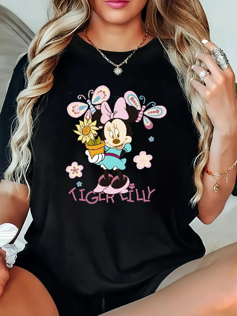 

Женская футболка с рисунком Минни — повседневный топ с короткими рукавами и круглым вырезом с цветочным принтом и горошек, летние и осенние наряды