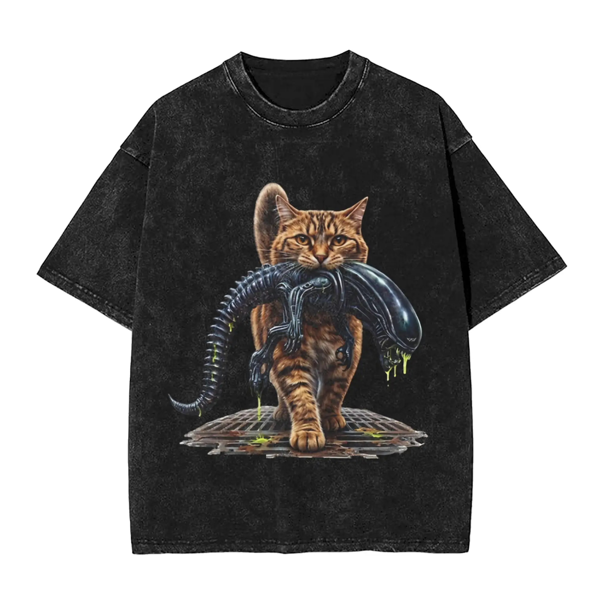 Aliens Cat T Shirt  Hippie T Shirts Short-Sleeved Y2K Funny Tshirt Beach Cotton Crew Neck Oversized Tees