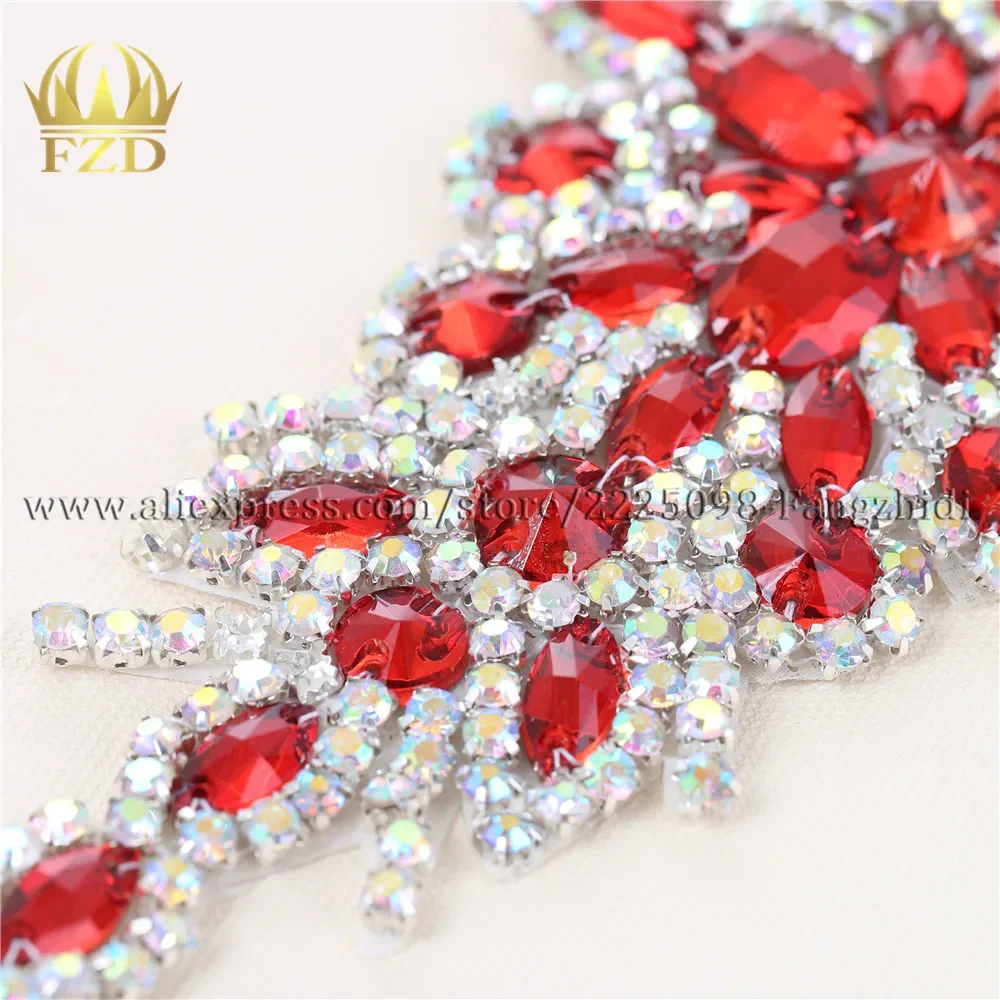 (30pieces) Wholesale Hotfix AB Crystal Red Color Rhinestone Sequin Applique Strass Trim for Garment Dress Headband Bridal Garter