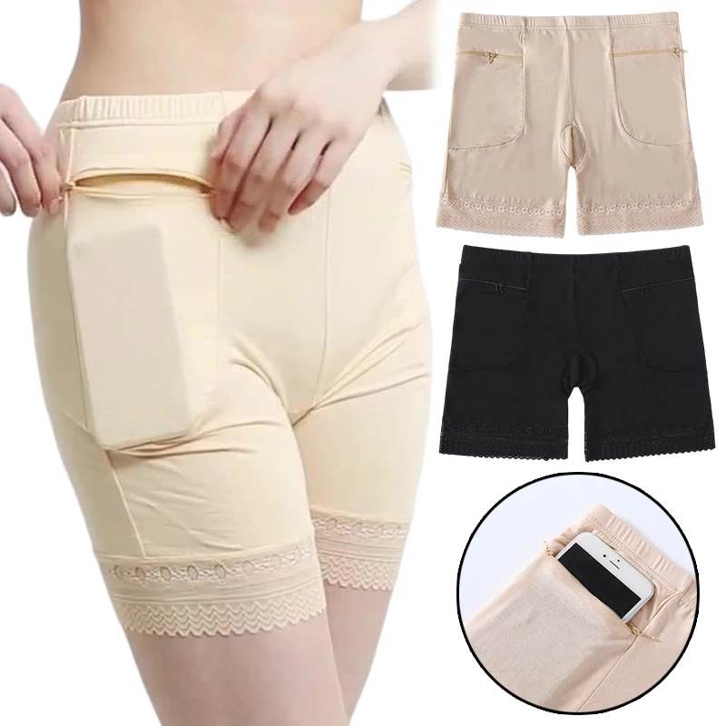 1Pc Women Cotton Safety Lace Anti-Theft Pants With Pockets High Waist Large Size Soft Breathable Briefs Simple Safety Pants