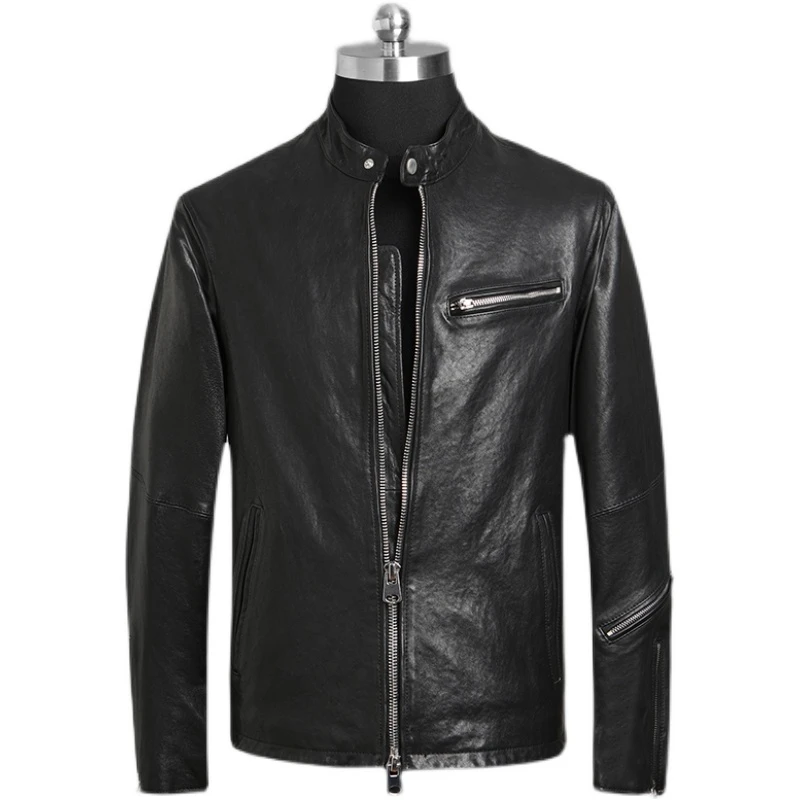 Black Spring Leather Jacket Men Formal Style Plus Size 3XL Genuine Natural Sheepskin Stand Collar Slim Fit Leather Coat