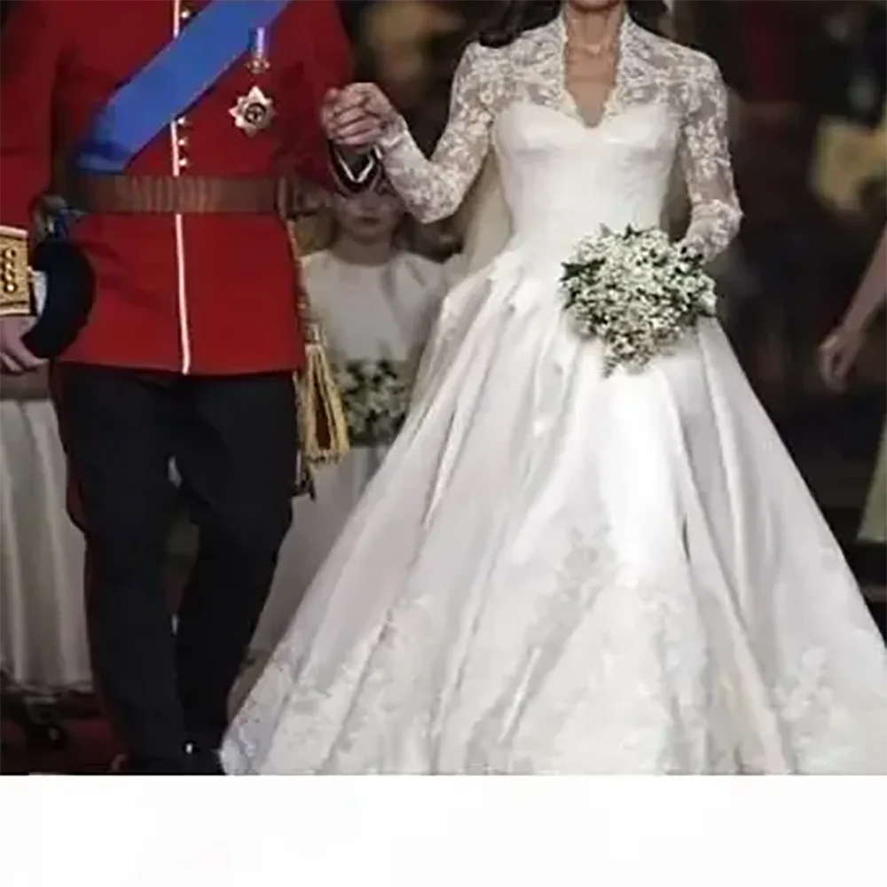 

Роскошные кружевные платья трапециевидной формы с высоким воротником и длинными рукавами для невесты, свадебные платья по индивидуальному заказу