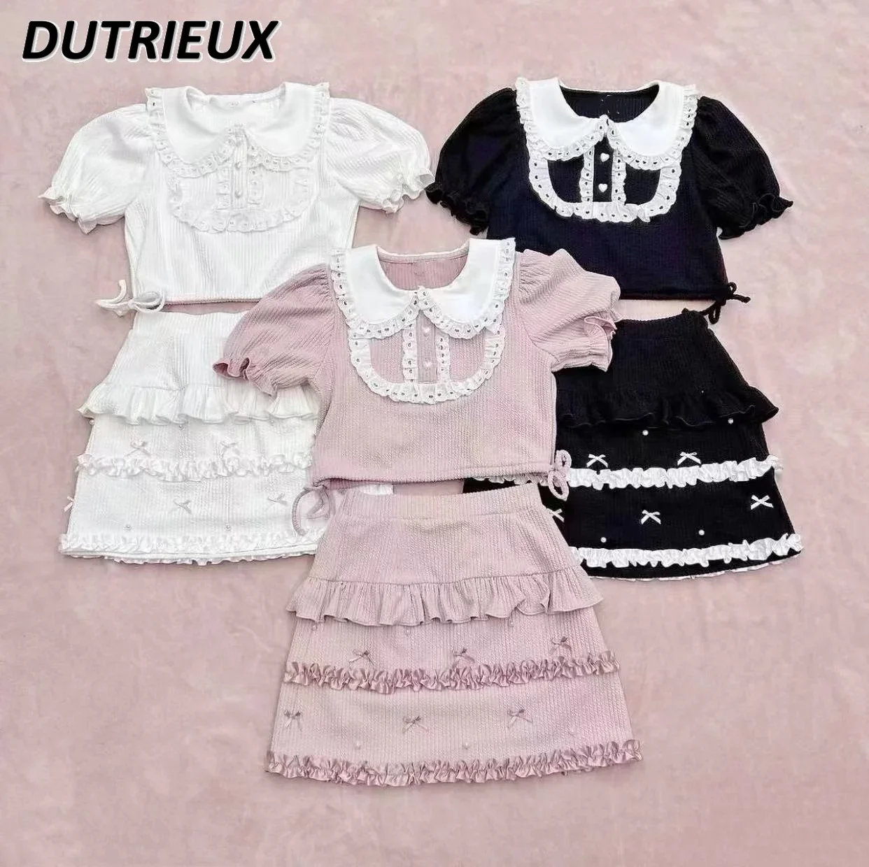 

Japanese Style Sweet Elegant Suit Peter Pan Collar Short Sleeve Short-Sleeved Top and Skirt Set Fashion Women's Two-Piece Sets