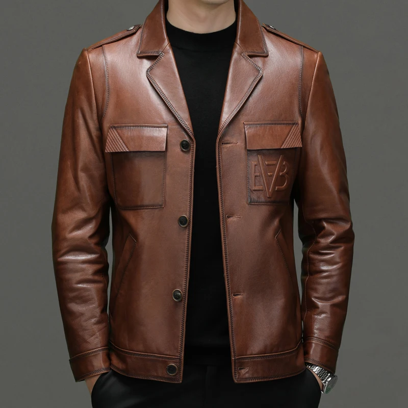 2023 High-quality autumn and winter new men's fashion handsome casual Haining leather suit collar jacket cowhide coat  M-5XL