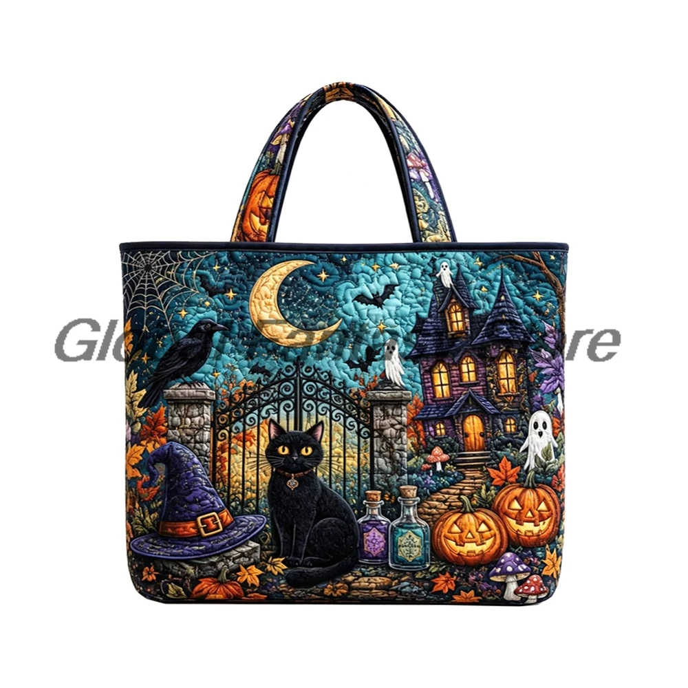 Halloween Haunted House Quilted Tote Ghost Black Cat Pumpkin Bat Print Shoulder Bag Women Daily Shopping HandBag