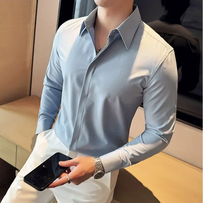 2024 New Men\'s Large Pointed Neck Lapel Shirt Solid Slim Fit Long Sleeved Business Shirt Formal Office Social Party Dress Tops