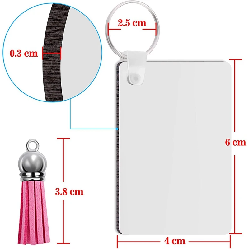 

Набор заготовок для сублимационных брелоков (200 шт.): прямоугольные заготовки для термопереноса, брелоки с кисточками и кольцами для ключей для самостоятельного изготовления брелоков